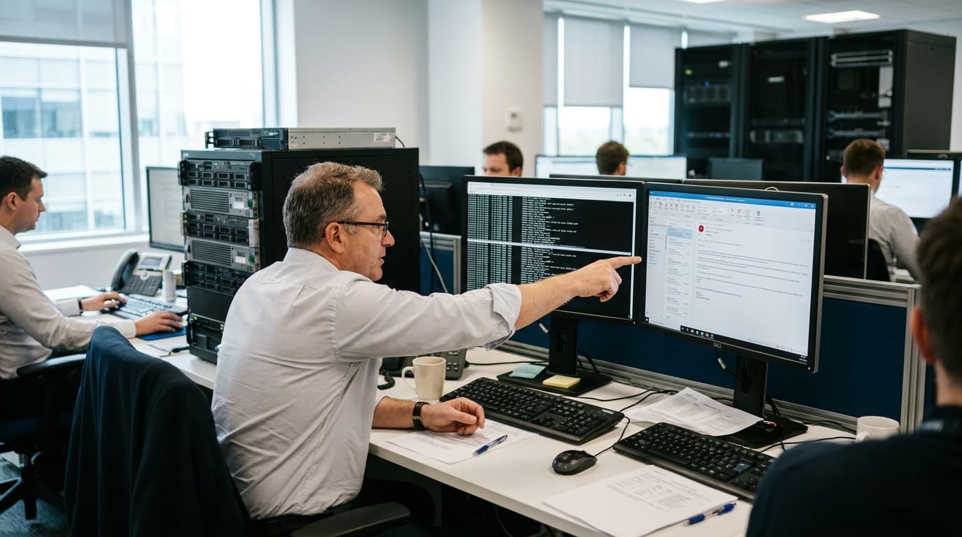 A cybersecurity professional in an office environment analyzes a potential phishing email on one computer monitor while reviewing data on another.