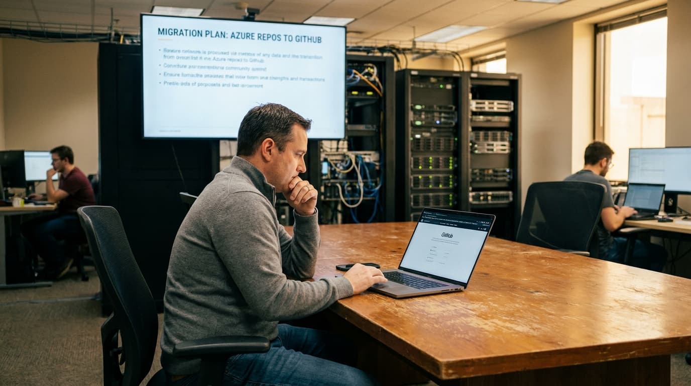 An IT manager in an office reviews a presentation about migrating from Azure Repos to GitHub on a large screen.