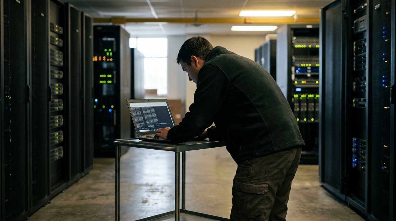 A security analyst works on a laptop in a server room, reviewing security logs on the screen.