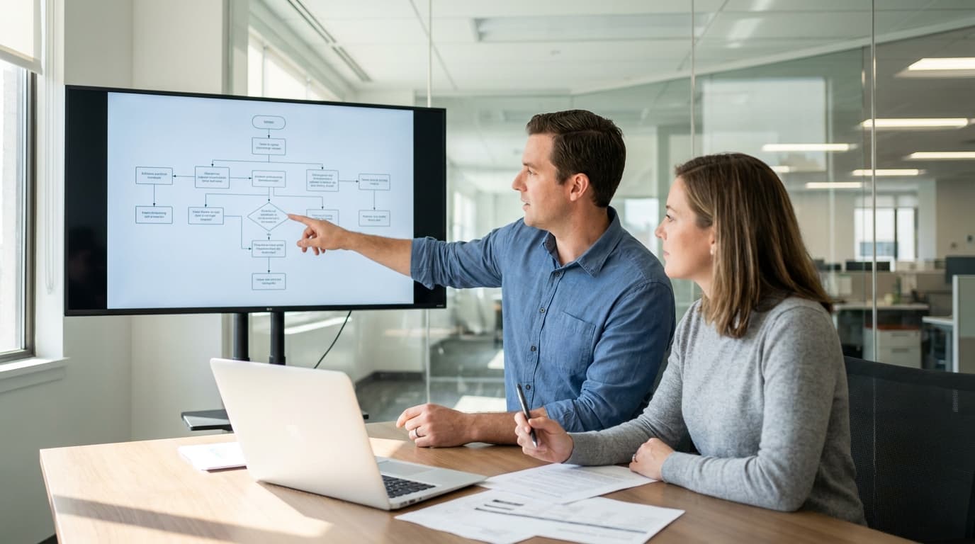 A data architect and an analyst discuss a data flow diagram on a large screen in a bright, modern conference room.