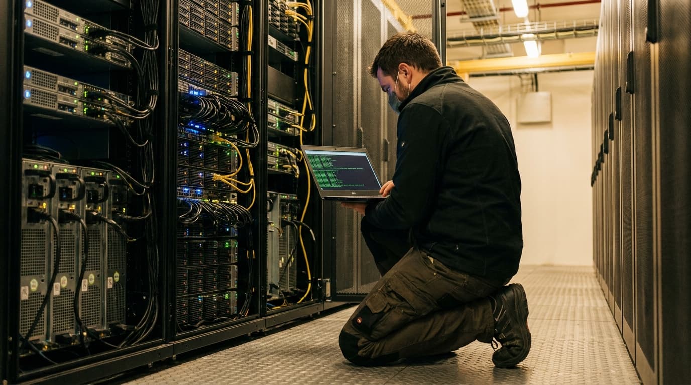 An IT engineer works on a laptop in front of an open server rack inside a modern data center.