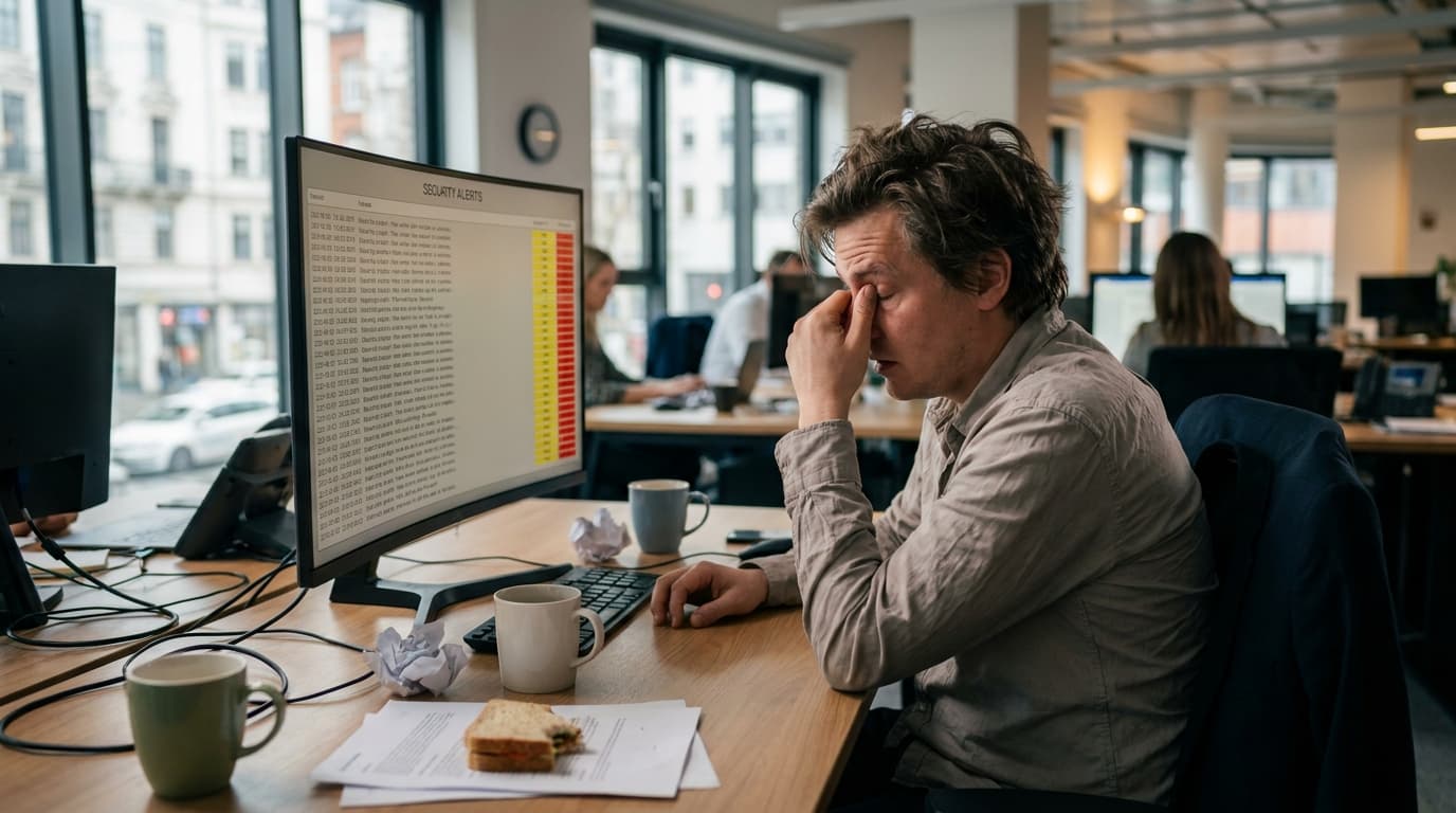A security analyst in an office looks at a computer monitor filled with a long list of security alerts.