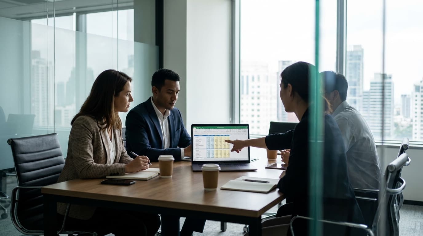 A team of professionals in a meeting room analyzes a financial spreadsheet on a laptop to manage technology costs.