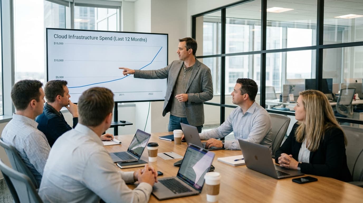 A business executive points to a graph showing rising costs during a team meeting in an office.