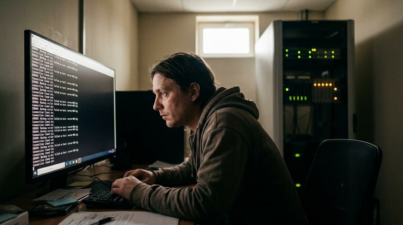 An IT professional in a server room examines a command-line interface on a computer screen displaying a system script.