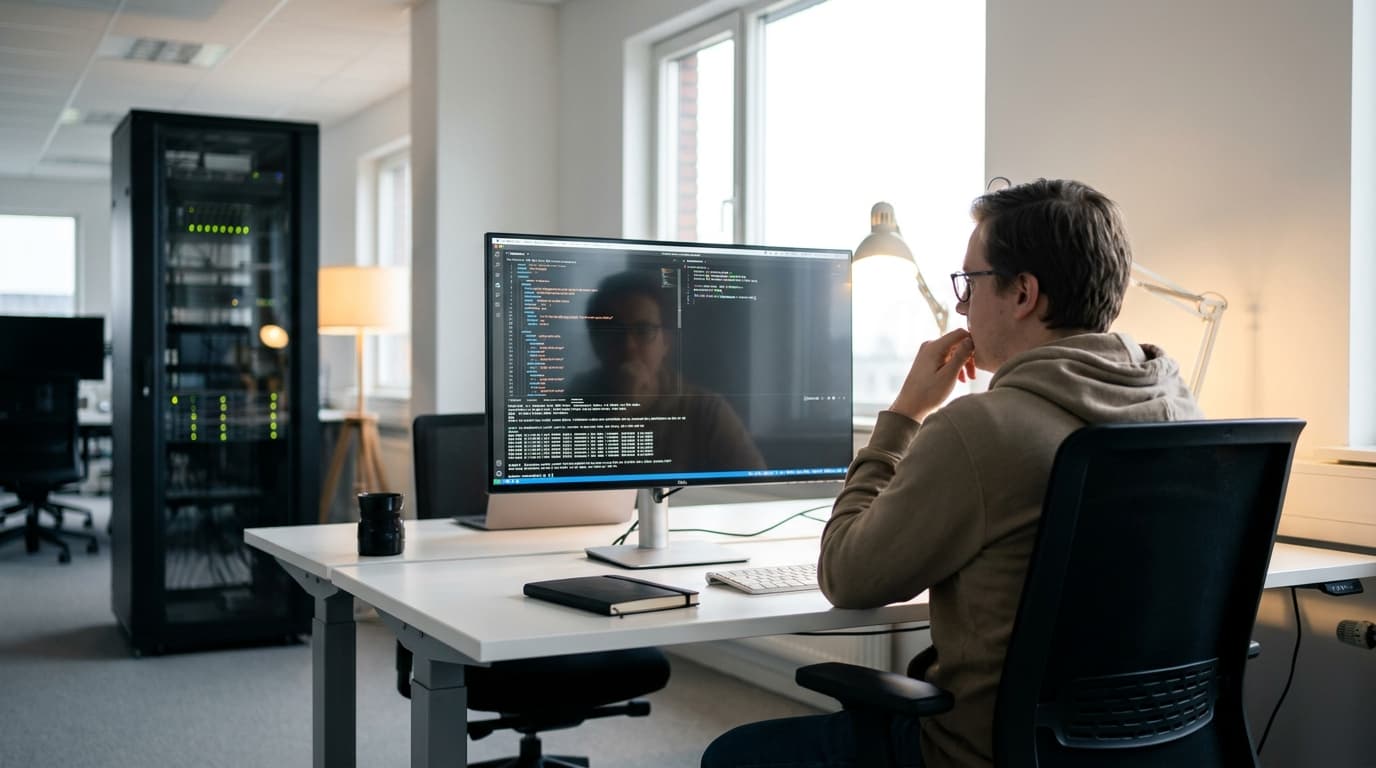 A DevOps engineer works on Kubernetes configuration files for NGINX Ingress Controller on a computer in an office.