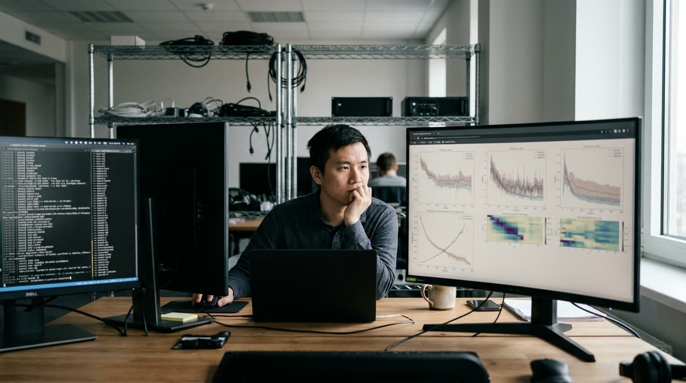 A data scientist reviews complex graphs and code on computer monitors in an office setting, illustrating AI research.