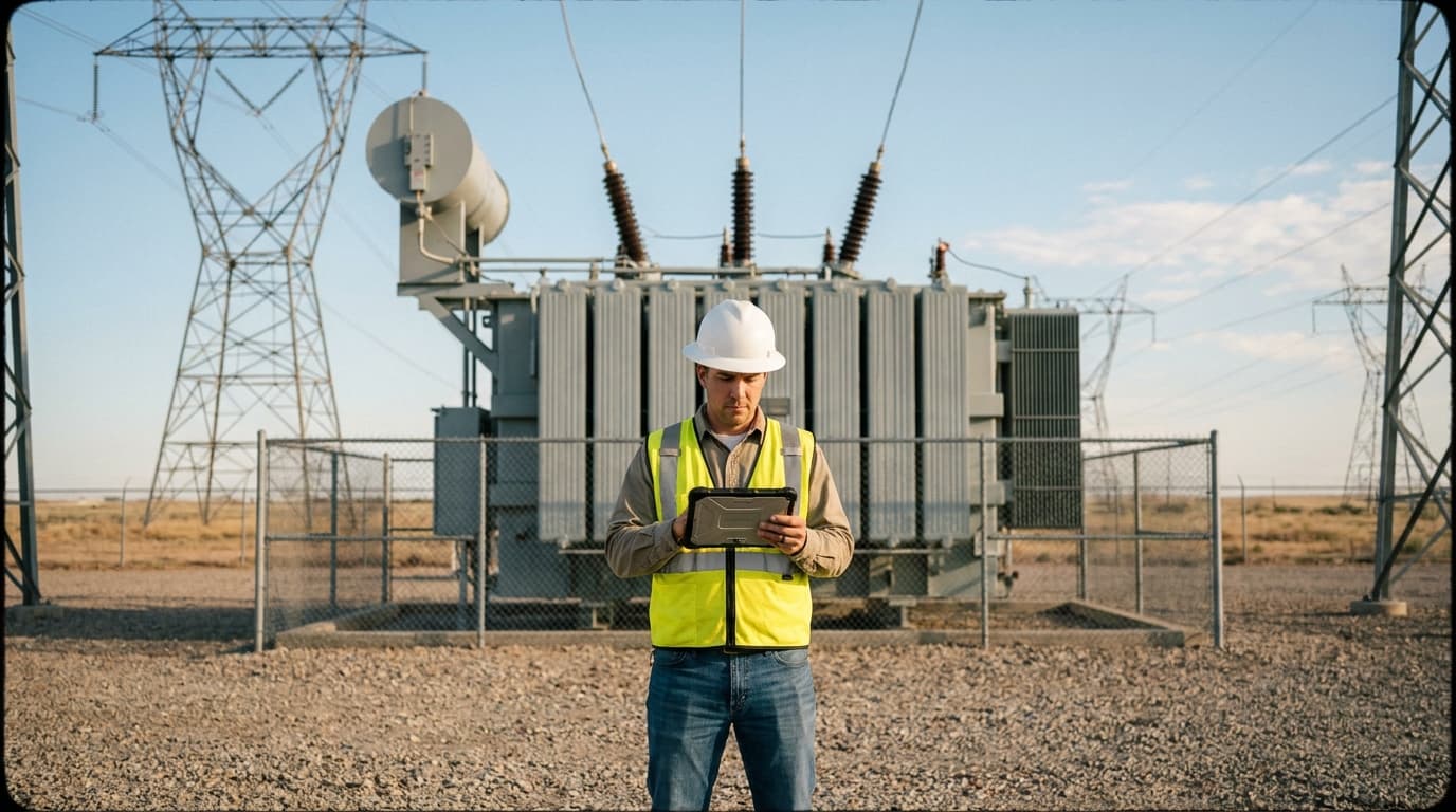 An engineer inspects equipment at an electrical power substation with power lines visible in the background.