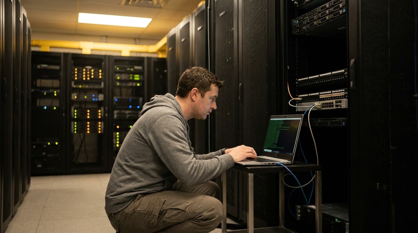 A network administrator works on a laptop in front of a rack of servers inside a brightly lit data center.