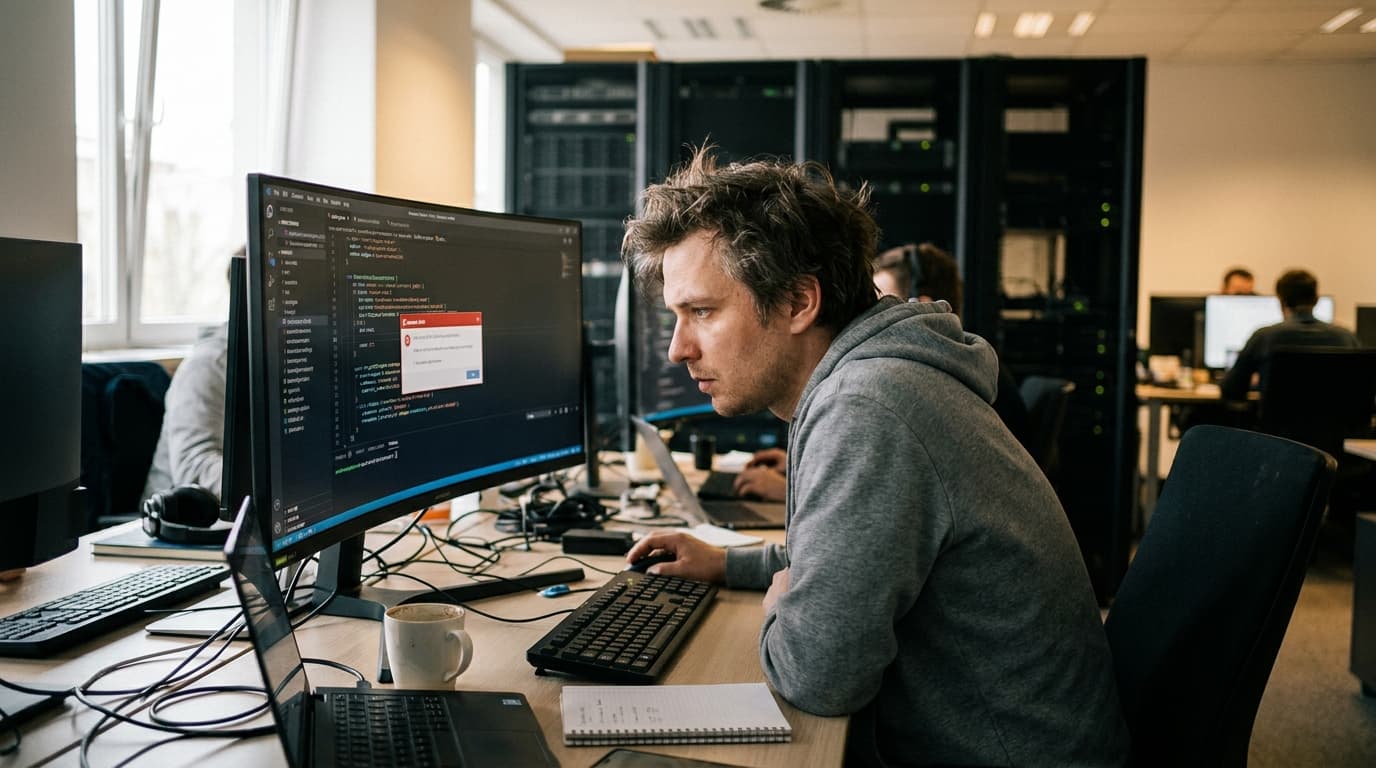 A security analyst in an office environment reviews a security vulnerability report on their computer screen.