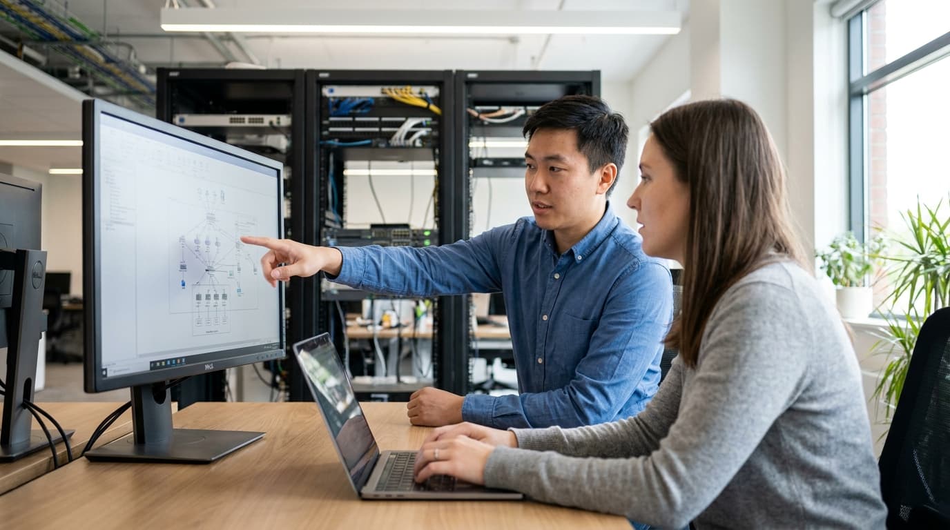 Two engineers in an office collaborating on a data pipeline, with one pointing at a diagram on a large screen.