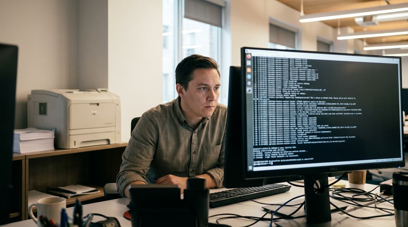 A cybersecurity professional analyzes code on a computer screen, with an office printer sitting on a desk in the background.