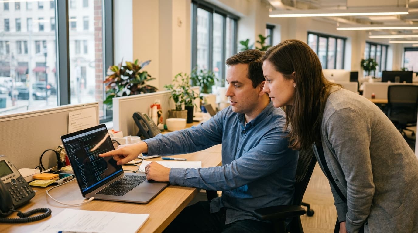 Two software developers discussing code on a laptop in a modern office environment.