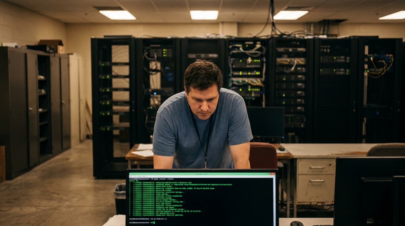 A network administrator works on a computer terminal in a data center with rows of server racks.