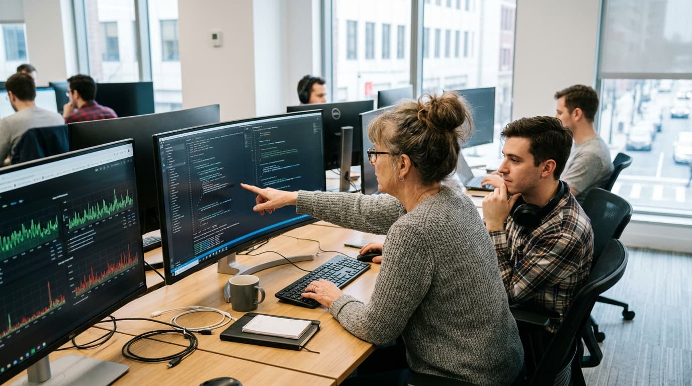 A senior female engineer discusses code on a monitor with a male colleague in a bright, modern office setting.