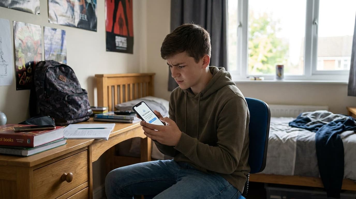 A young person holds a smartphone displaying an age verification screen while sitting at a desk in a bedroom.