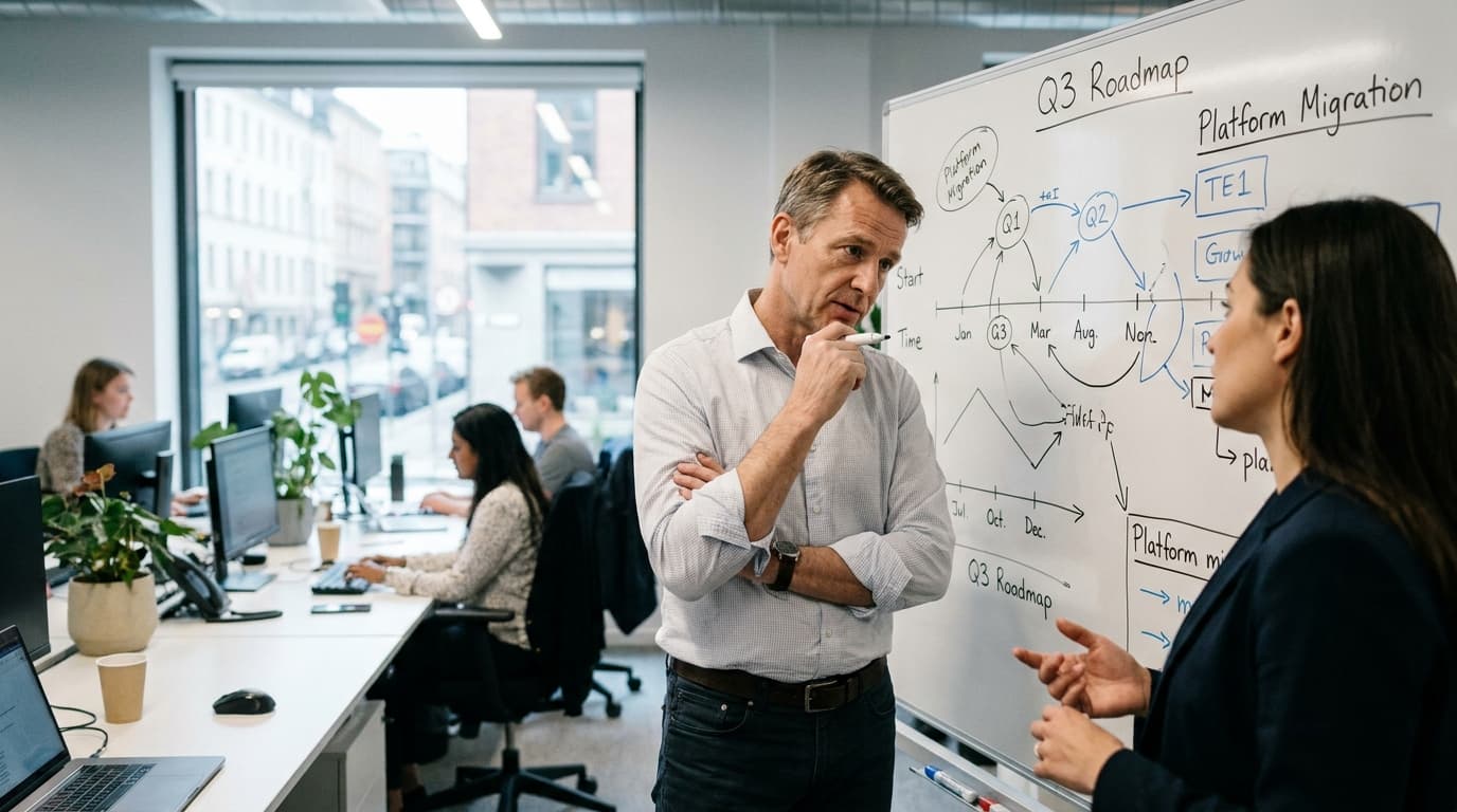 A technology executive and a team member collaborate on a strategic roadmap at a whiteboard in a bright, modern office.