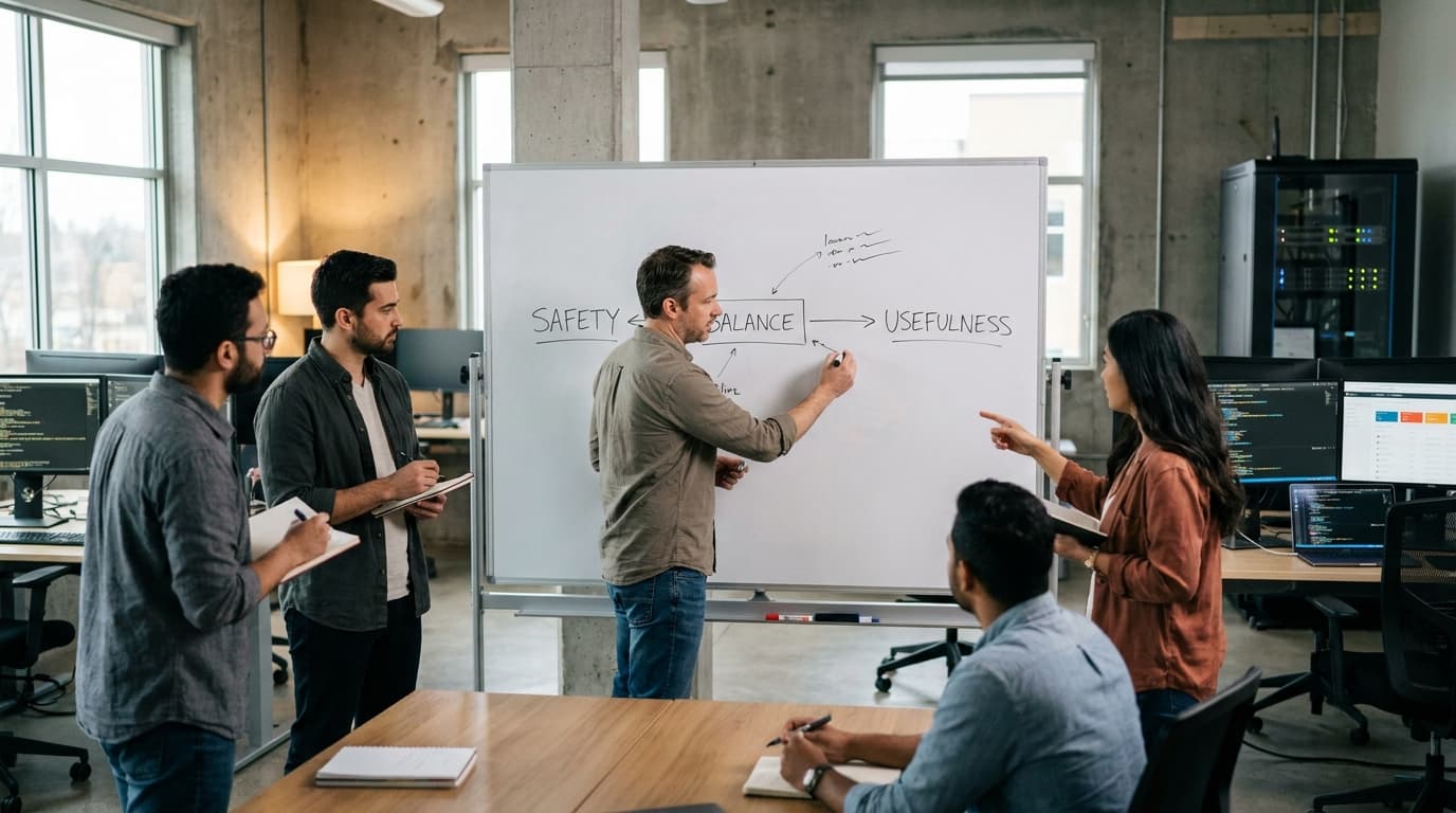 A CTO explains the AI safety and usefulness tradeoff to their development team using a whiteboard in an office.