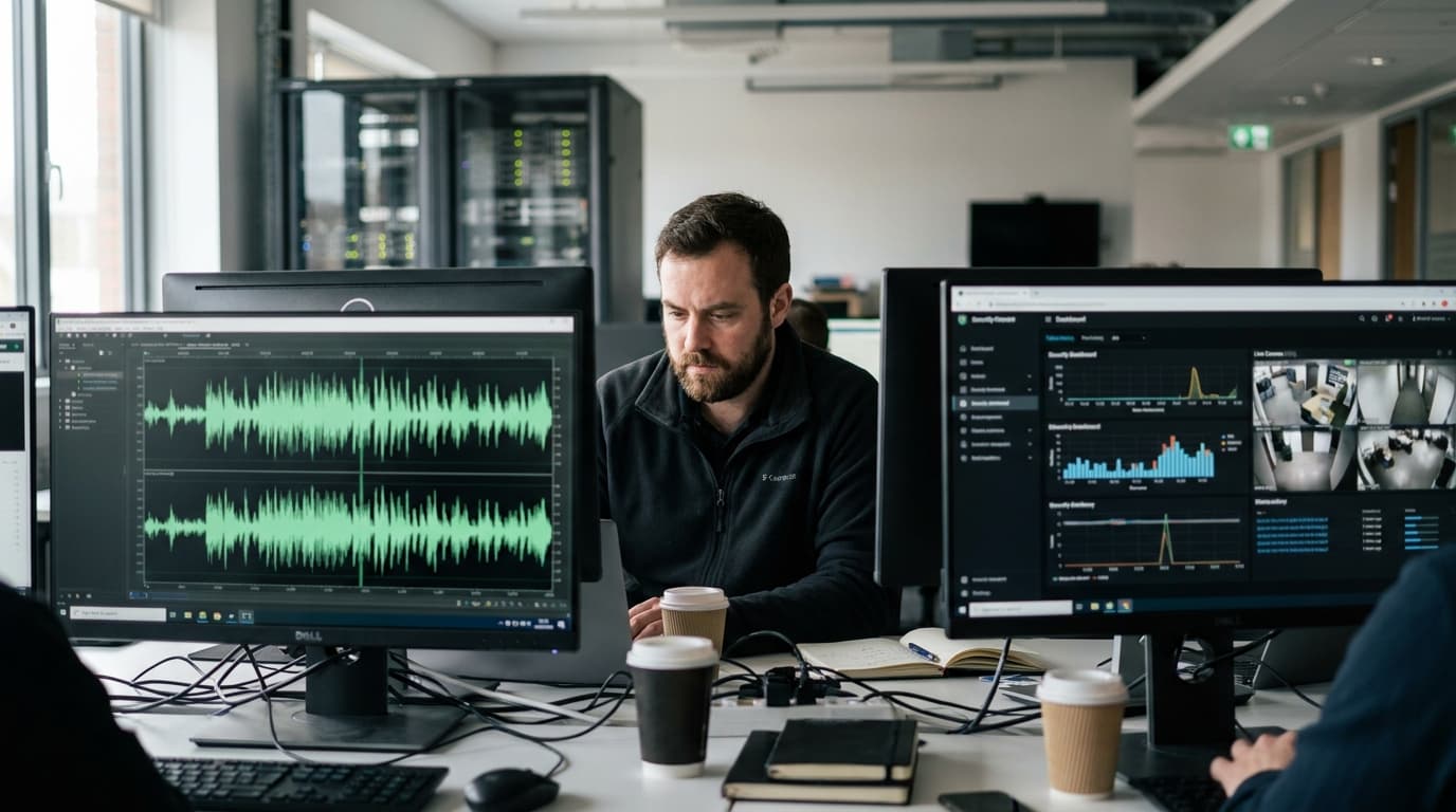 A security analyst reviews an audio file on a computer screen in a corporate security operations center.