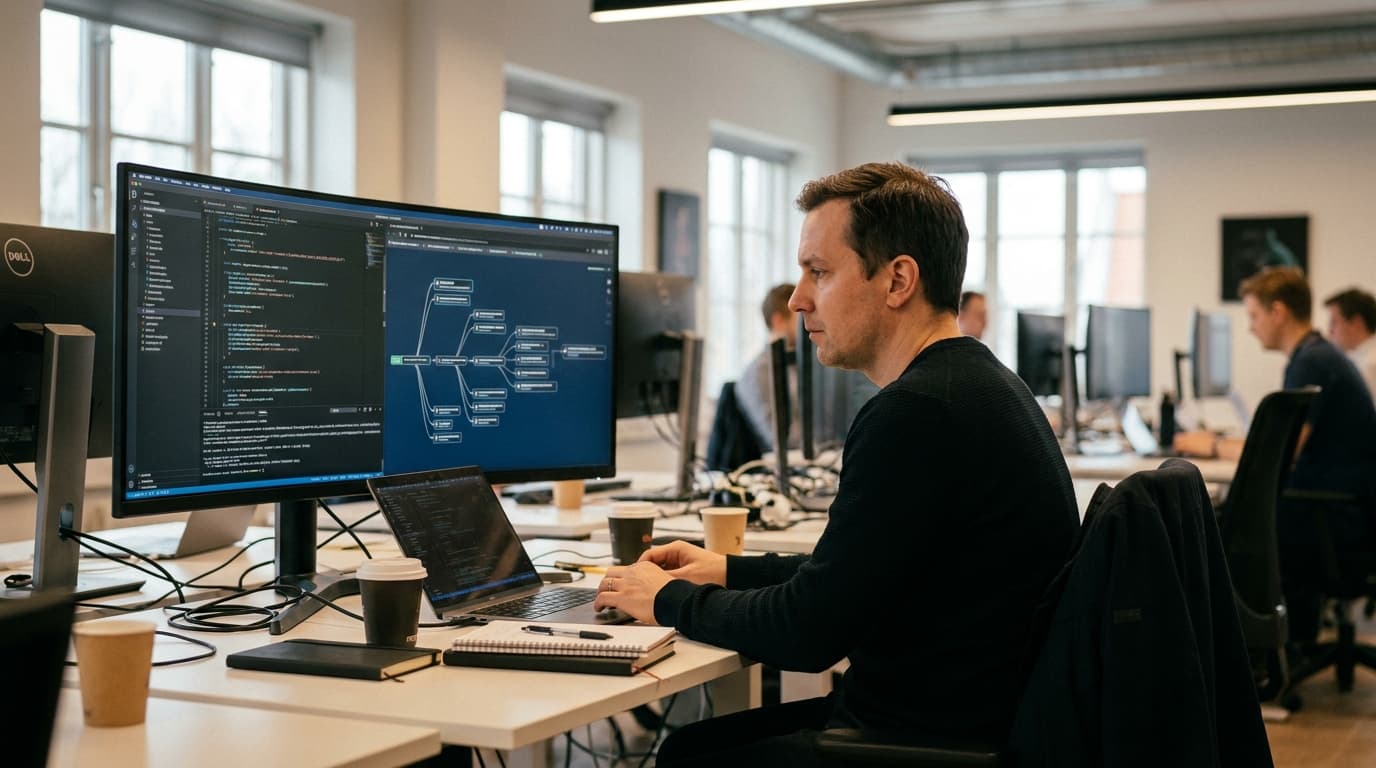 A security professional reviews a software project's dependencies on a computer monitor in an office setting.