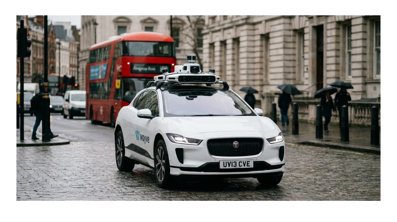 A white Wayve self-driving car with sensors on its roof drives through a busy street in London.