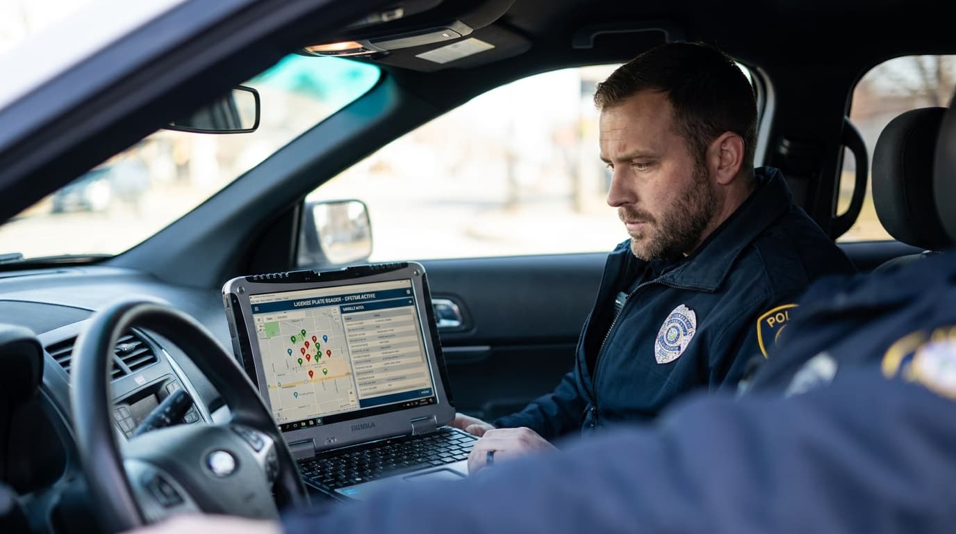 A police officer in a patrol car reviews data from an automatic license plate reader system on a dashboard-mounted laptop.