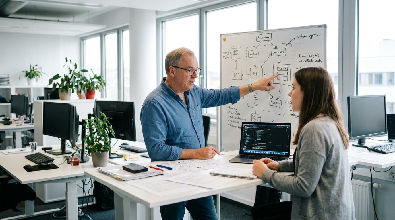 Two software engineers collaborate in an office, one pointing to architectural diagrams on a whiteboard while the other works on a laptop.