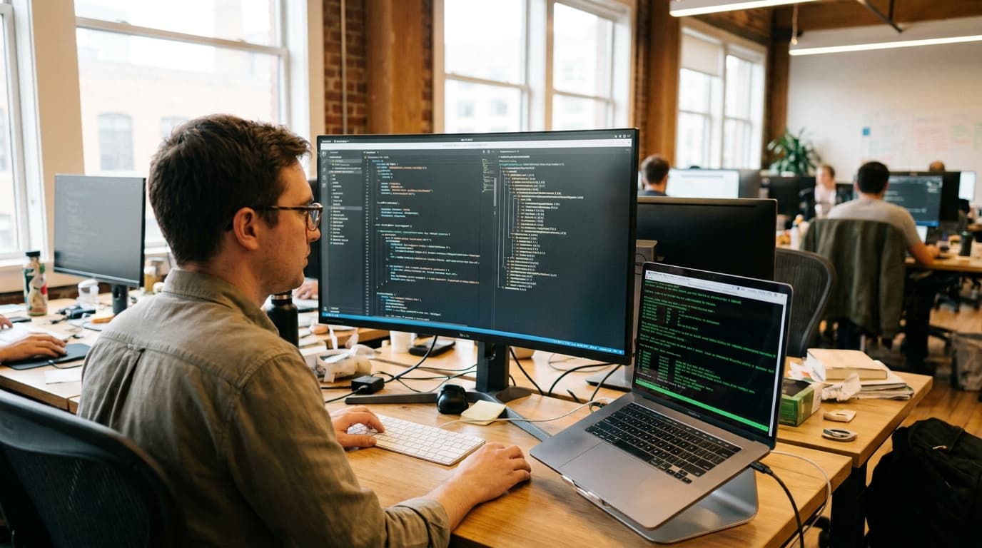 A security engineer works at a desk, reviewing software supply chain security information on a computer monitor and laptop.