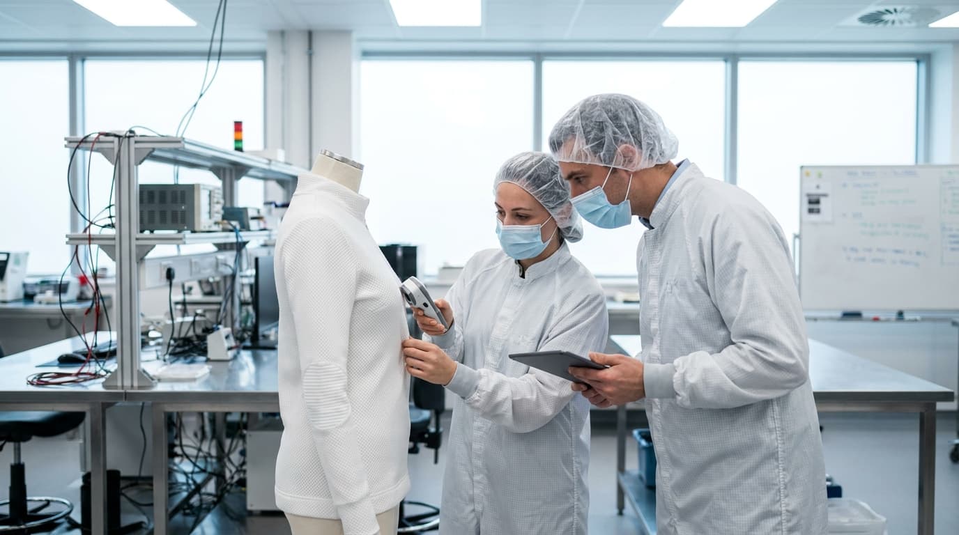An engineer and a designer inspect a high-tech white garment for a spacesuit in a laboratory.