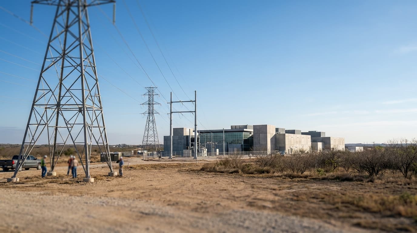 Large electrical power lines and transmission towers leading to a modern data center facility in a flat, open landscape.
