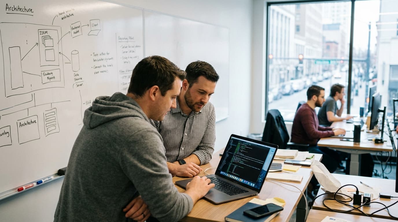 A platform engineer and security analyst collaborate at a desk, looking at code on a laptop in a modern office.