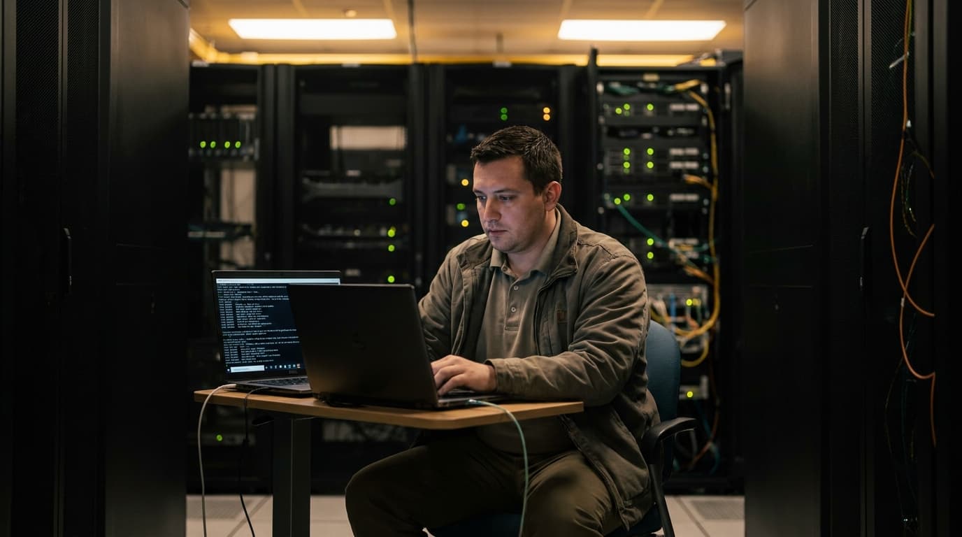 A network administrator working on a laptop in front of server racks inside a brightly lit data center.