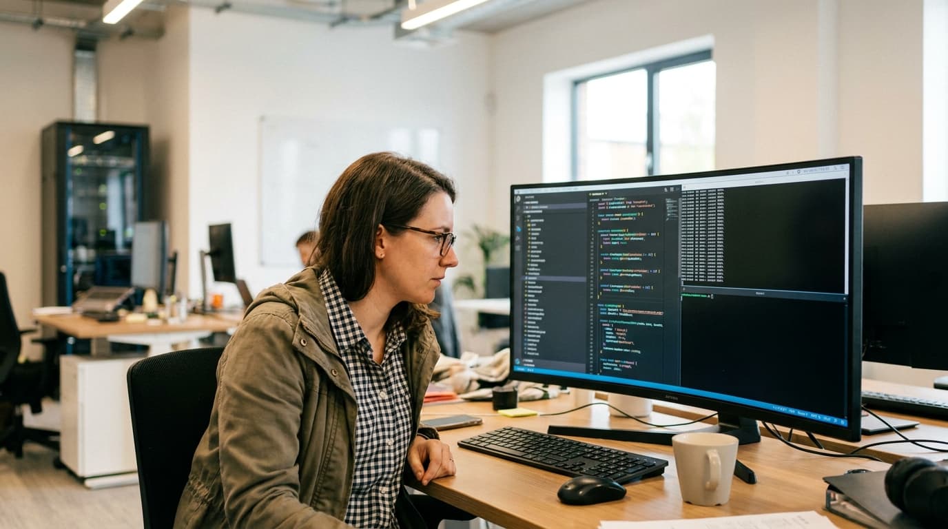 A developer reviews JavaScript dependency code on their computer screen in an office.