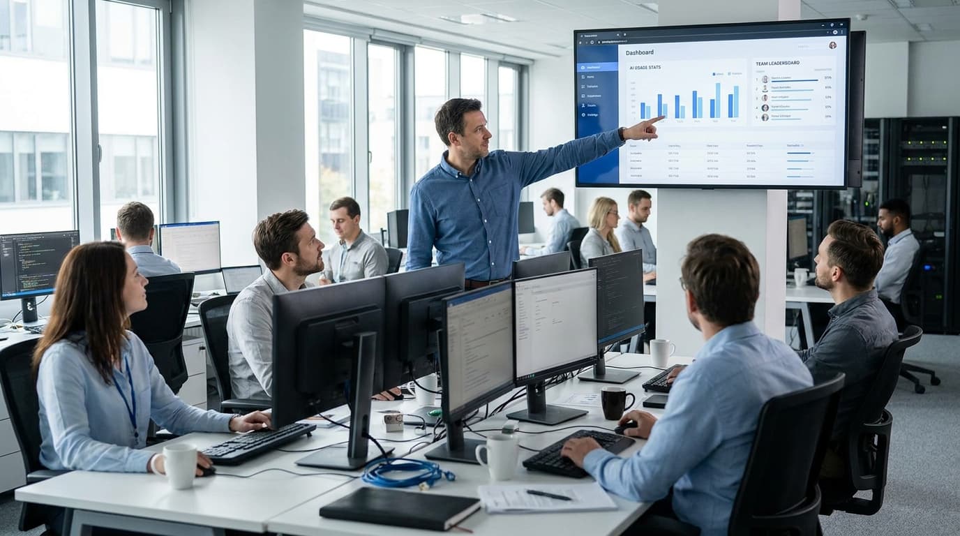 An office manager discusses an AI usage leaderboard displayed on a large screen with their team.