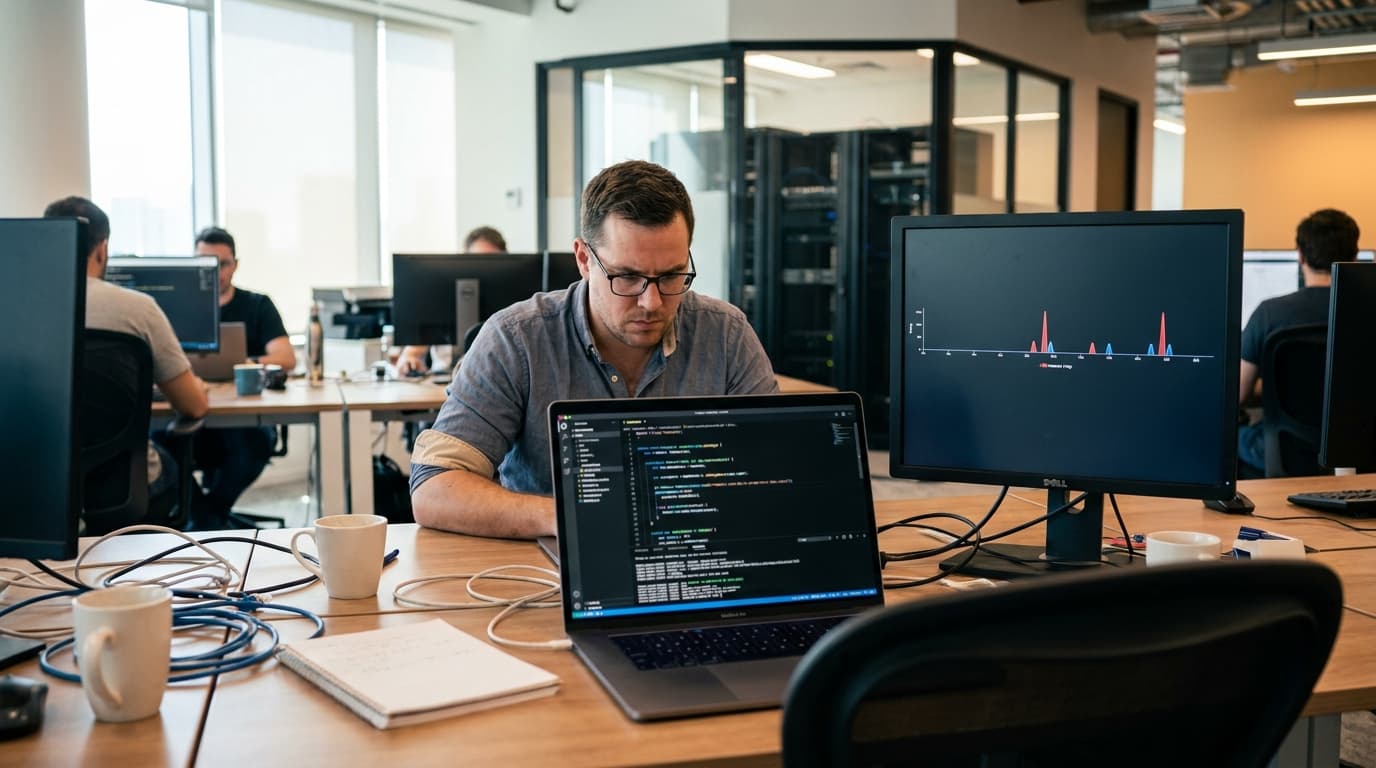 A security researcher analyzes JavaScript code on a laptop, which is being used to monitor SSD performance for a side-channel attack.