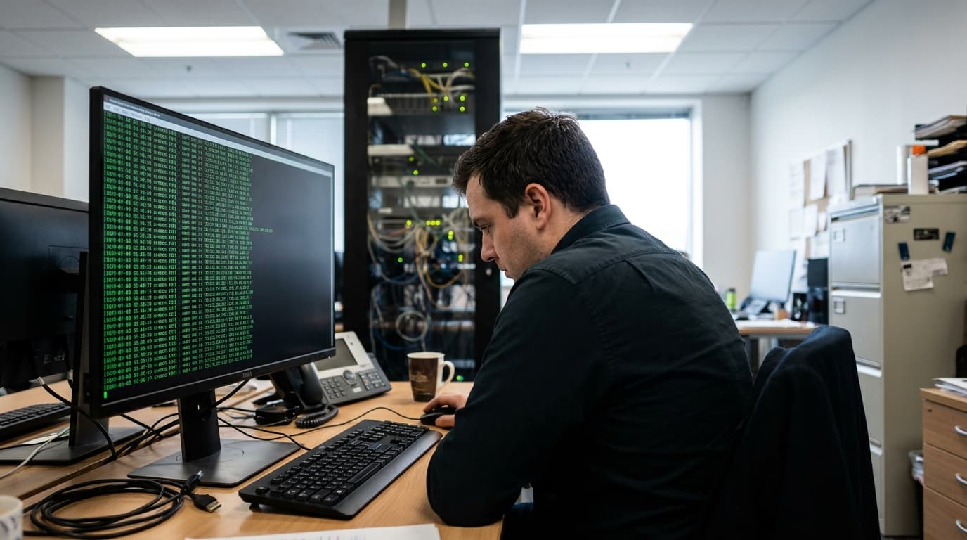 A security professional analyzes server logs on a computer monitor in a data center control room.