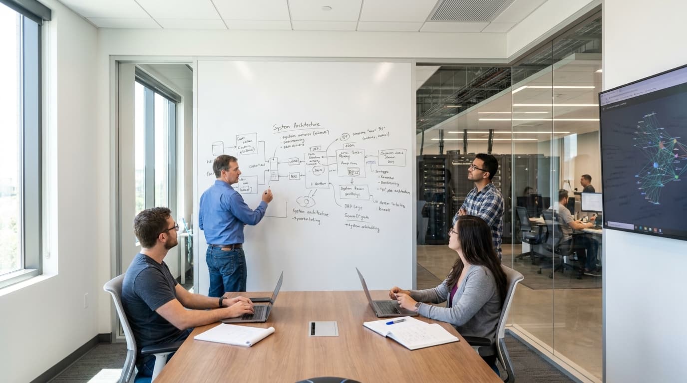 A technology executive draws a system architecture diagram on a whiteboard for a group of engineers in a meeting room.