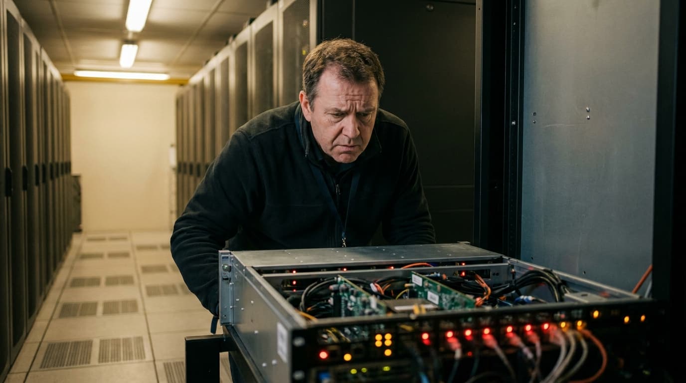 A technician in a data center inspects hardware inside an open server rack.