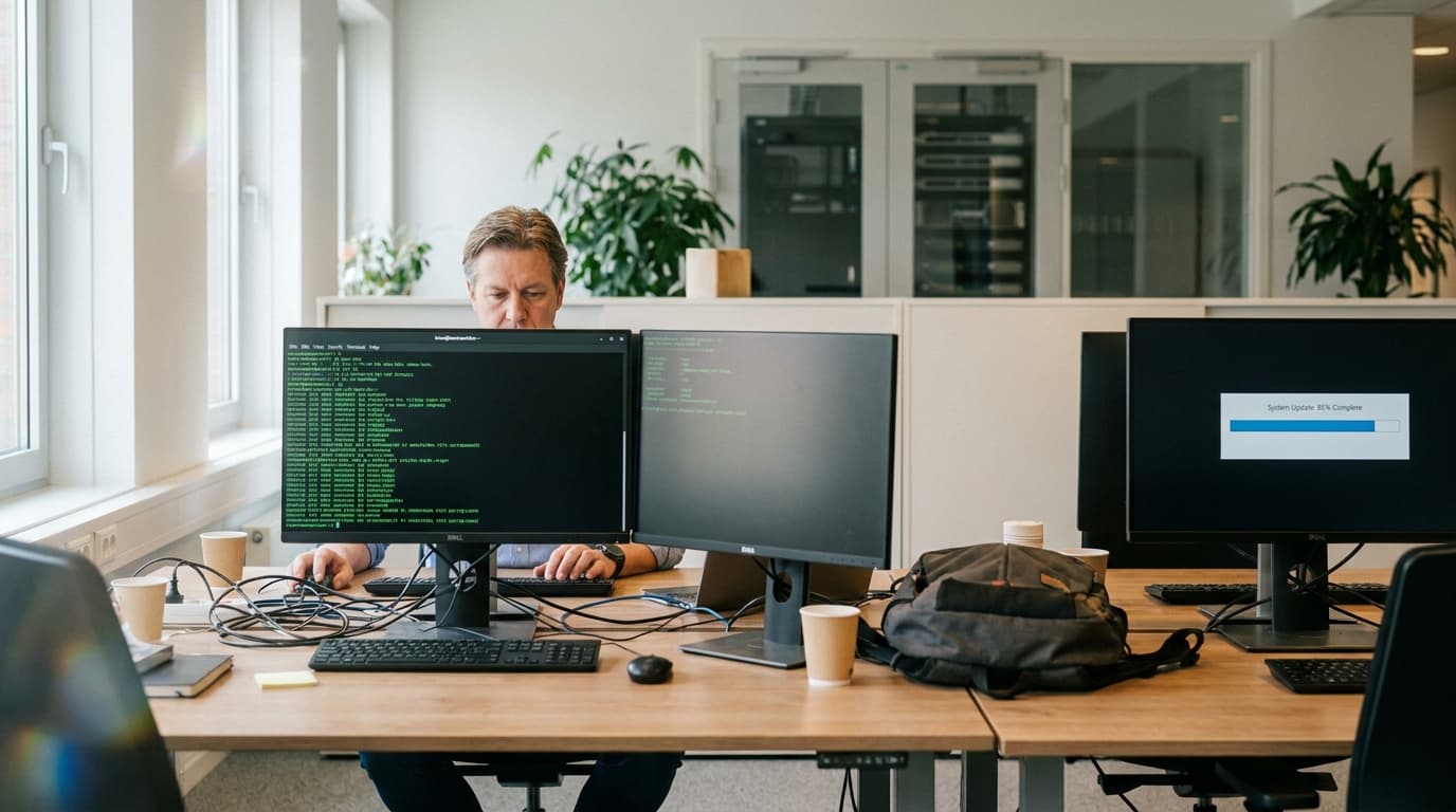 A developer in an office environment reviews security patch information on a computer running a Linux operating system.