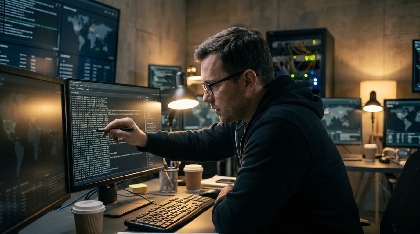 A security professional works at a computer terminal in a control room, analyzing data on a large screen.