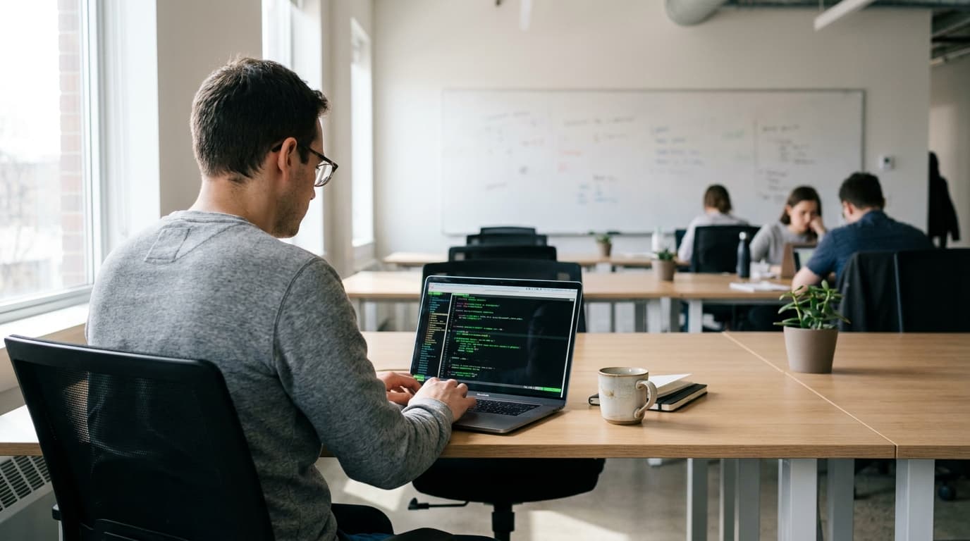 A developer reviews code in the Vim text editor on a laptop in a well-lit office environment.