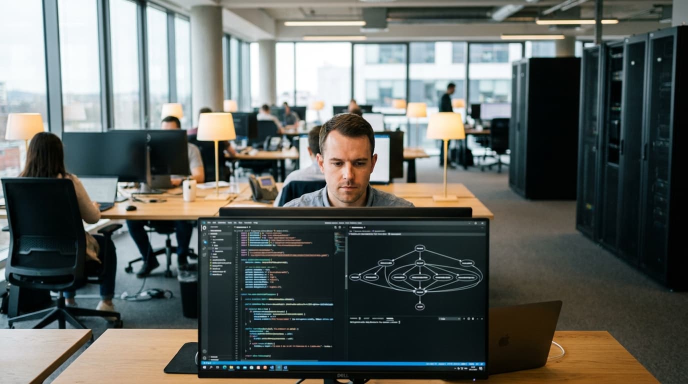 A software developer reviews a dependency graph on their computer screen, searching for a security vulnerability.