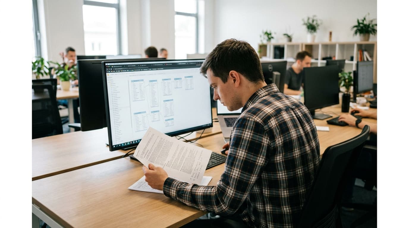 A data security analyst works at a desk, looking at a computer screen displaying database information and holding a document.