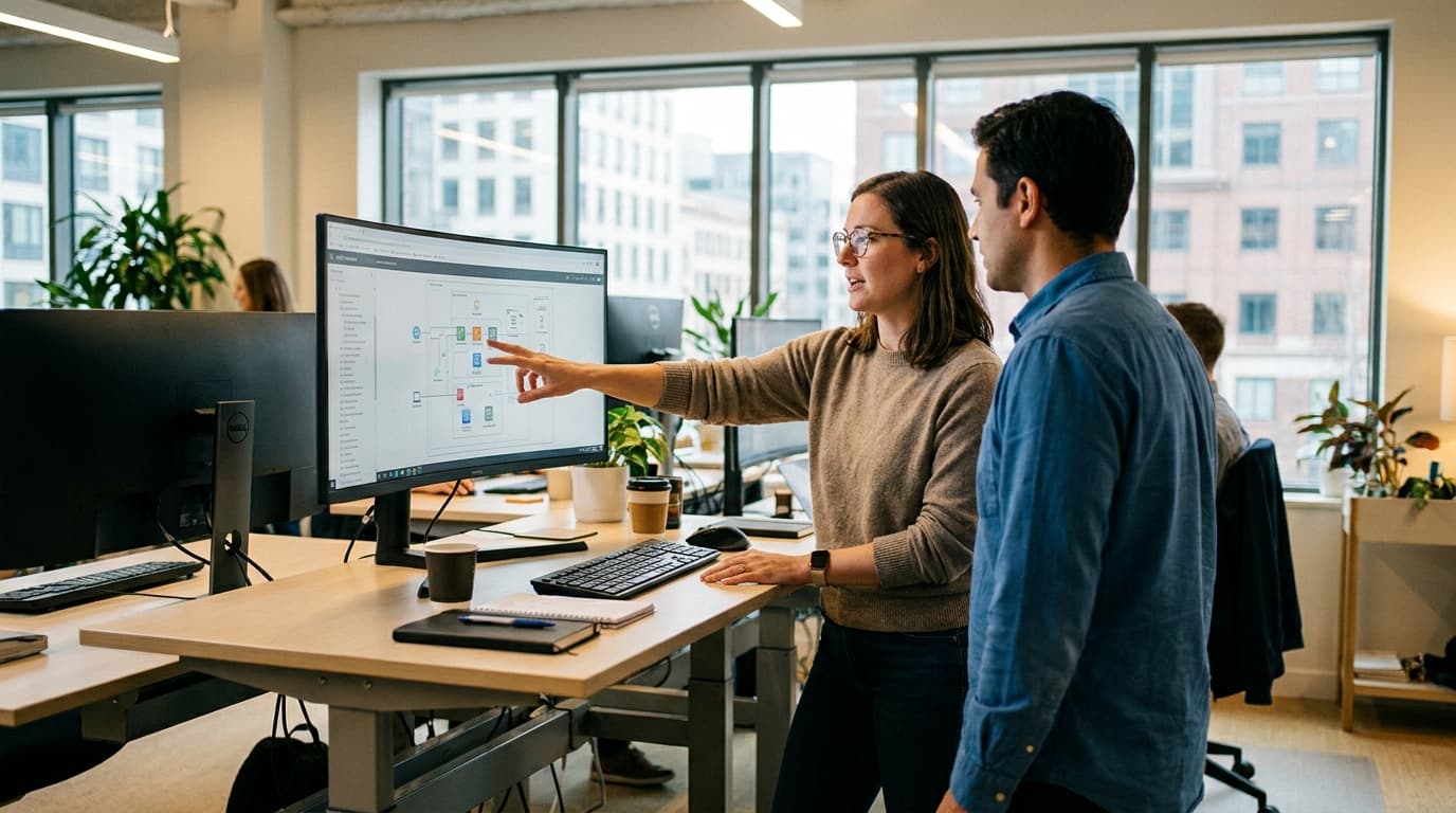 An engineer in a modern office points to a system diagram on a large monitor while collaborating with a colleague.