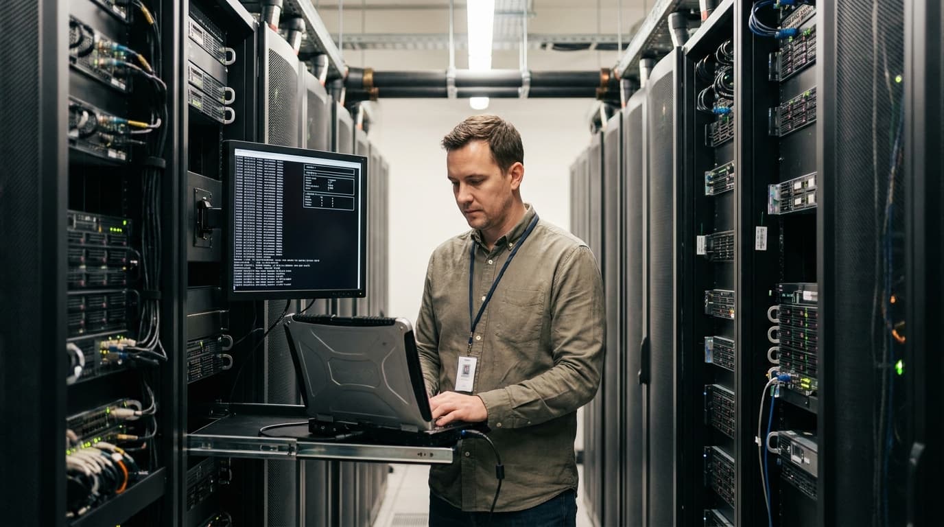 A technician inspects a server rack in a modern data center, checking system status on a monitor.