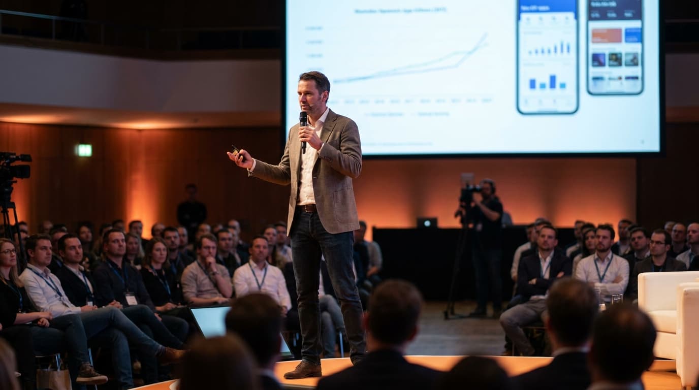 A Nextcloud executive presents new software features on a large screen at a tech conference in Munich.