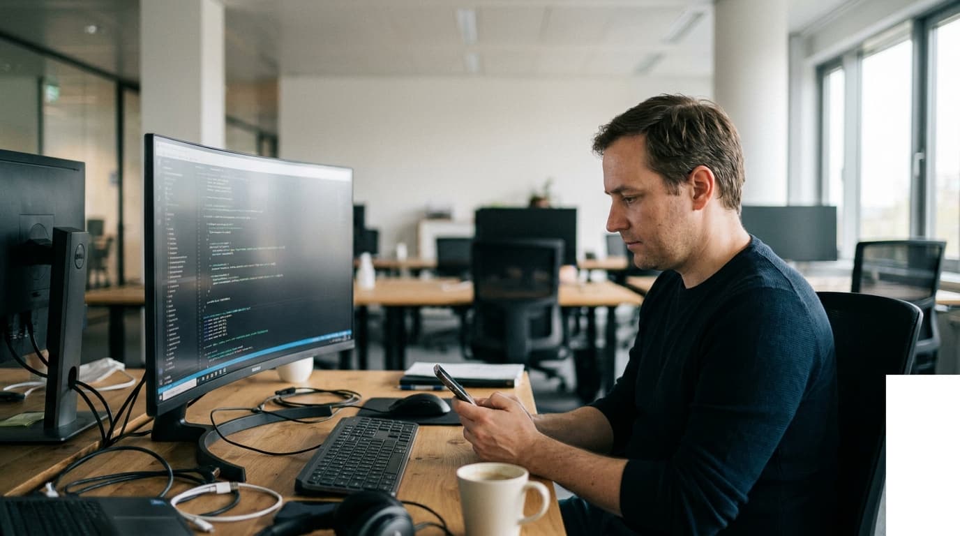A software developer holds a smartphone while sitting in front of a computer monitor displaying code in an office.