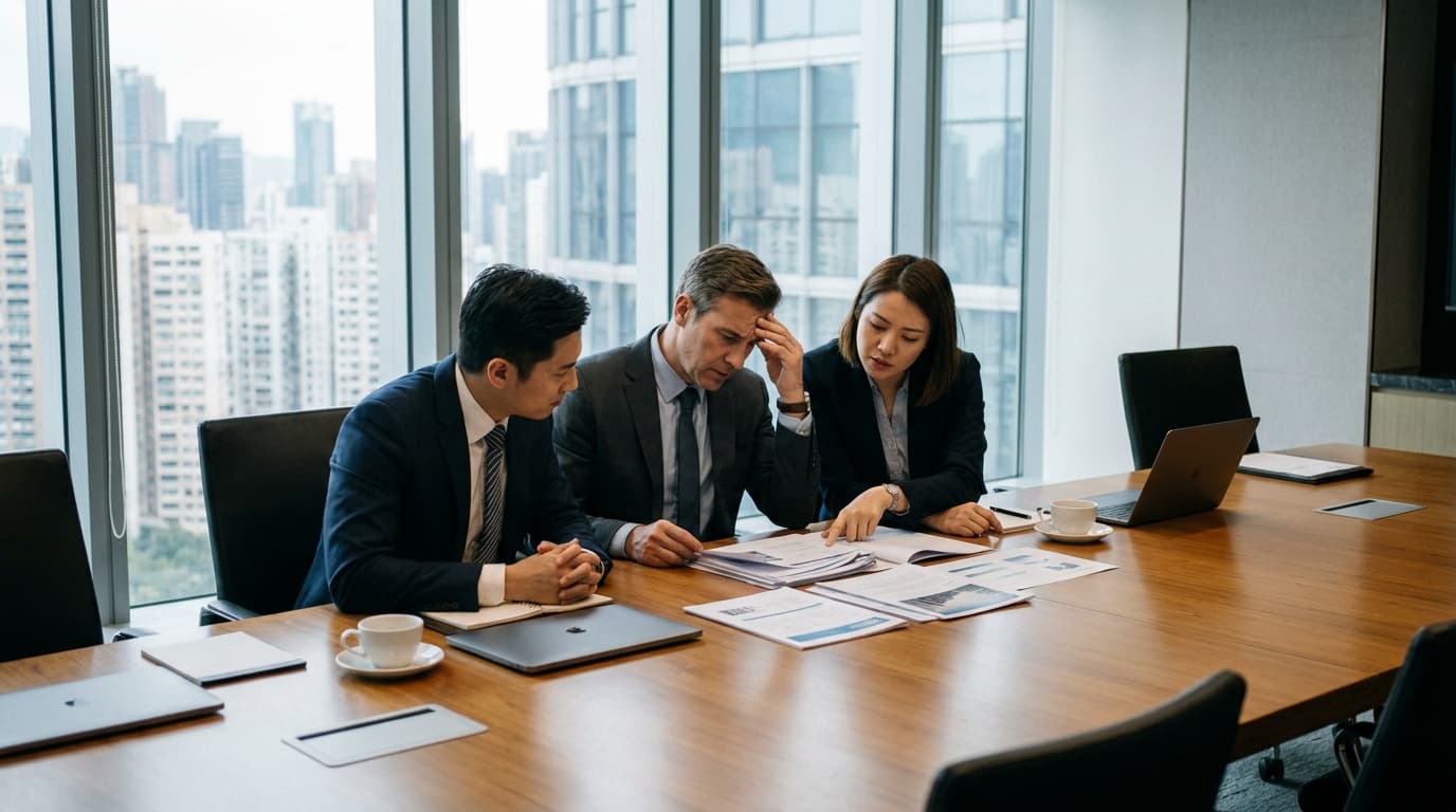 Three business executives review a document with serious expressions in a corporate meeting room, discussing an ERP implementation failure.