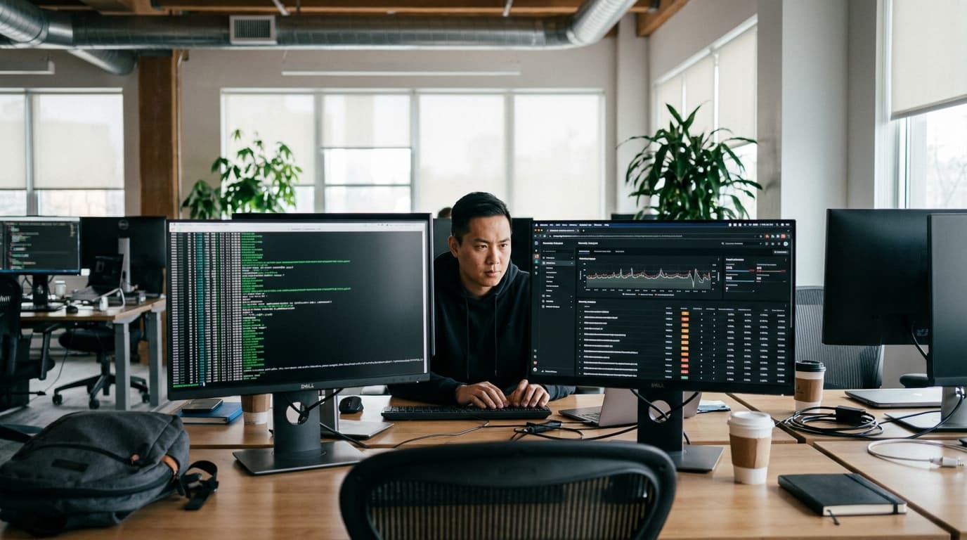 A security professional analyzes source code on a computer in an office setting, using AI tools to find vulnerabilities.