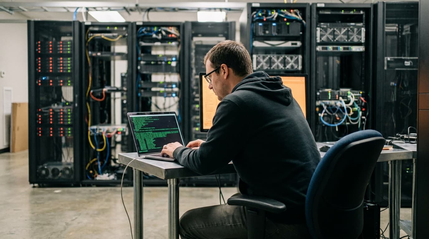 An IT professional works on a laptop in a data center, with a rack of network servers visible behind them.